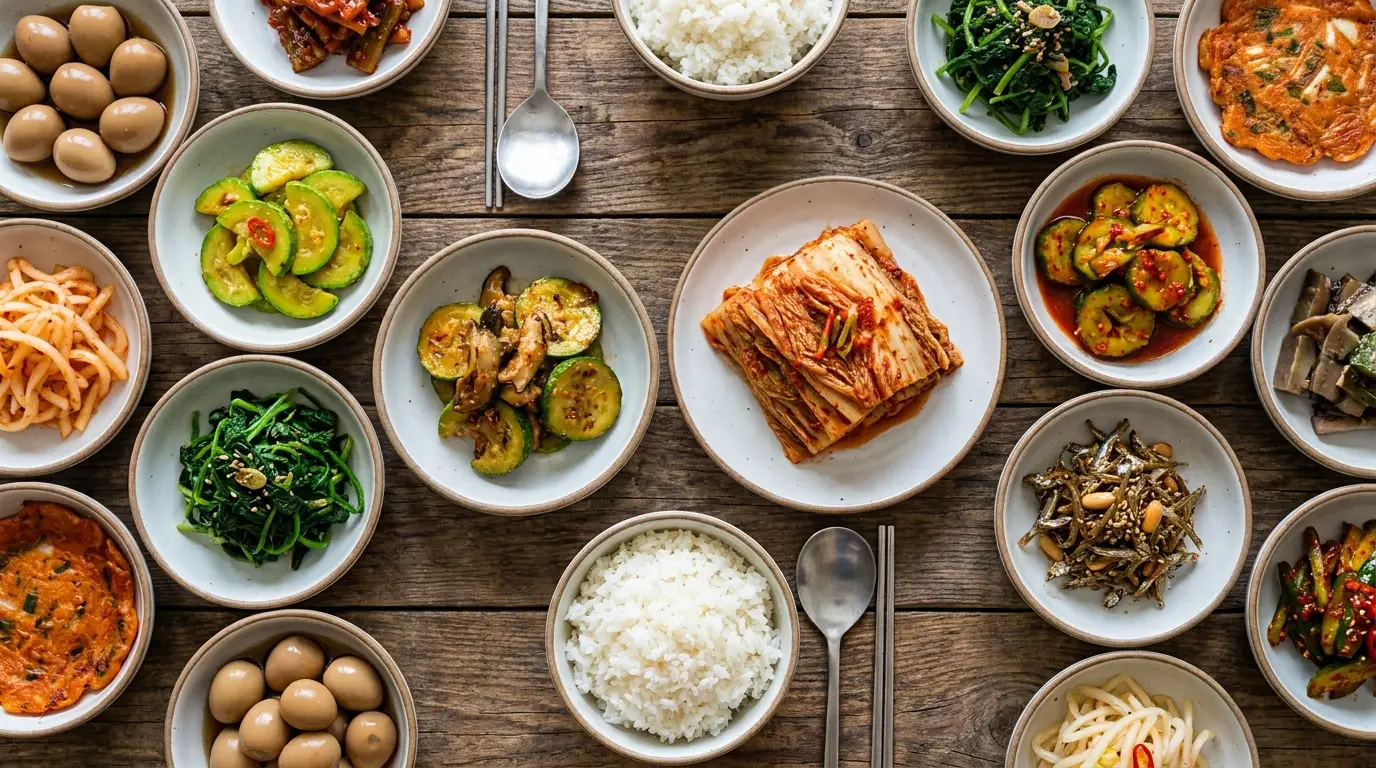 Table coréenne garnie de petits plats dont du kimchi