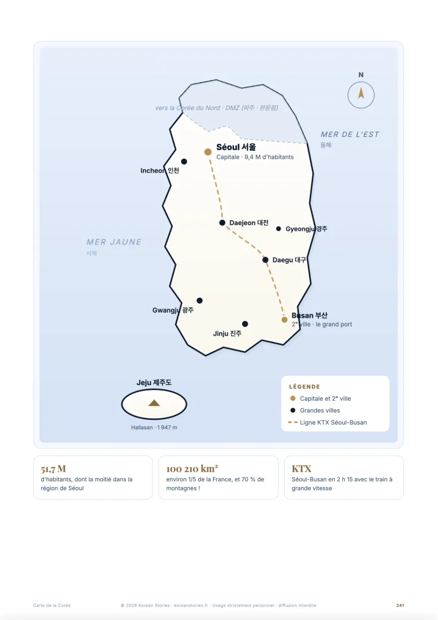 Page 241 : carte de la Corée du Sud en annexe, avec les villes et leurs noms en hangeul