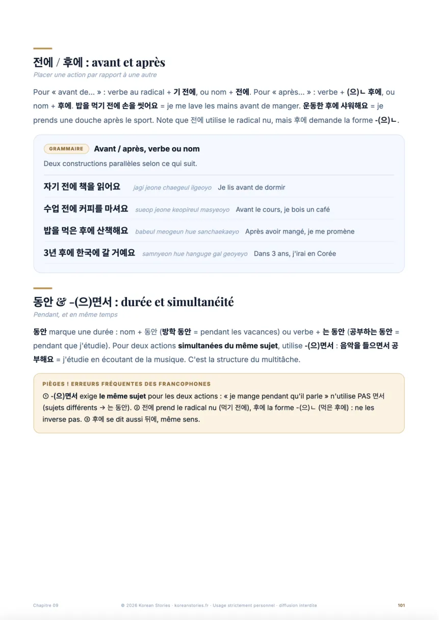 Page 101 : la règle « avant et après » (전에 / 후에) expliquée puis mise en pratique