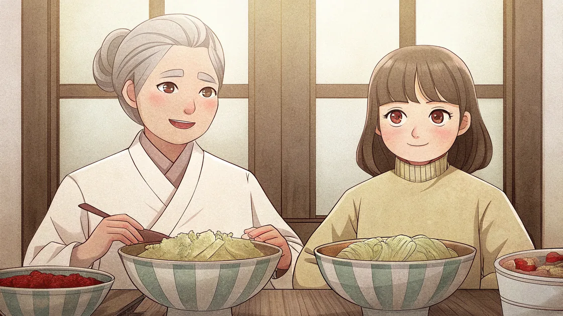 Mina aide sa grand-mère à préparer le kimchi
